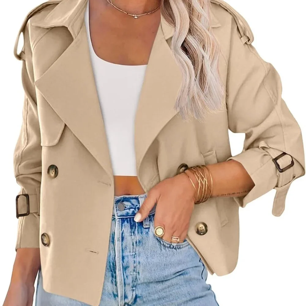 Women Crop Double Breasted Trench Coat Raglan Sleeve Work Office Cropped Jacket - Picture 1 of 6